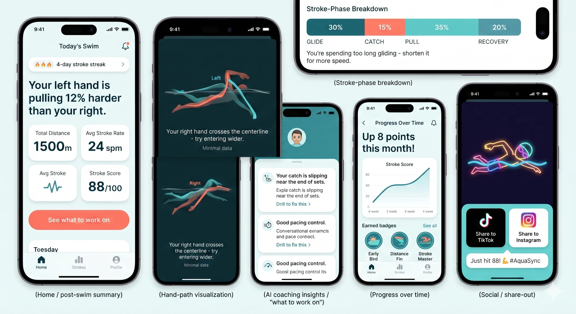 GlideMetrics app screens: post-swim summary, hand-path visualization, coaching insights, progress, and share-out