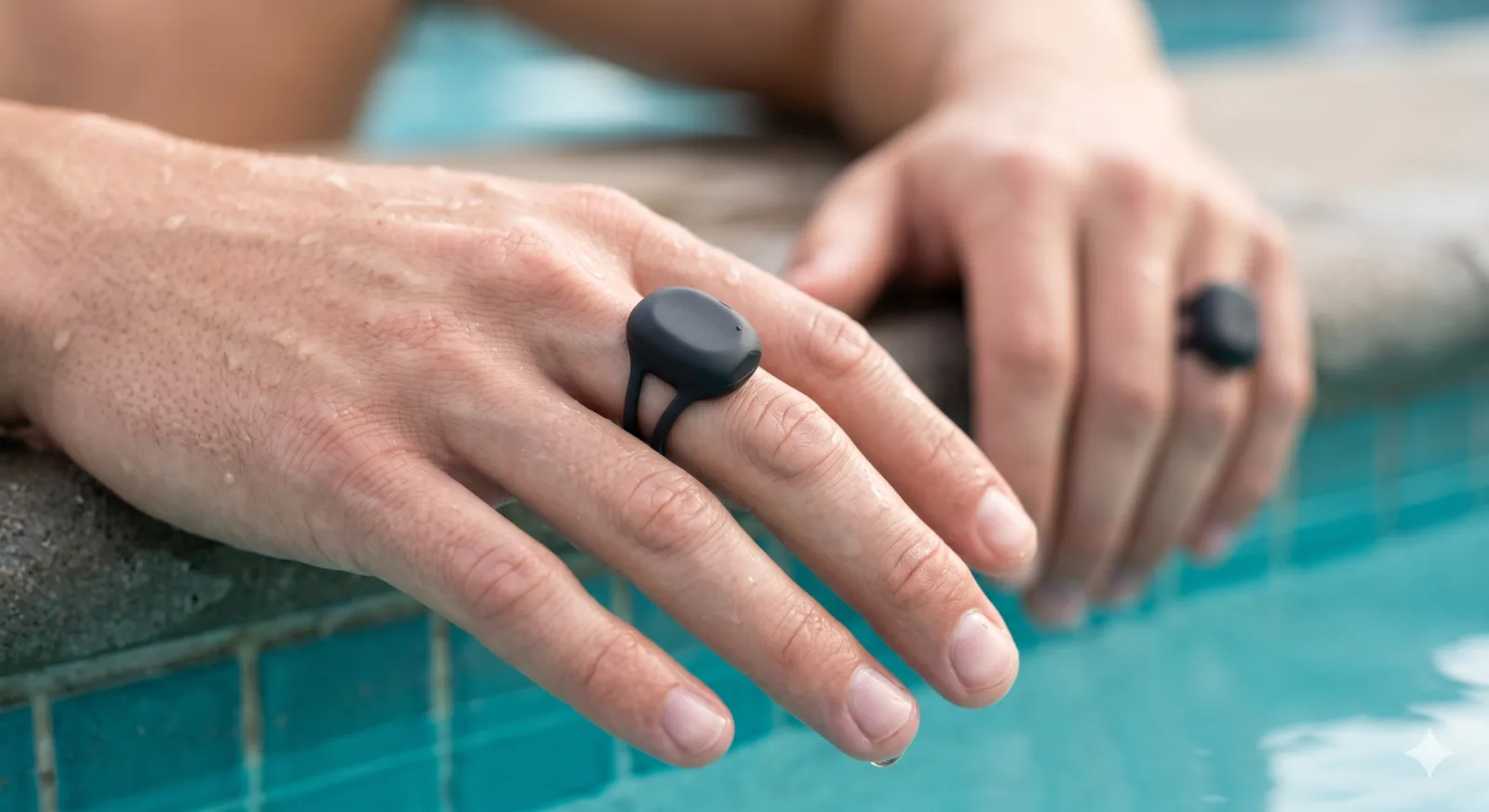 GlideMetrics smart rings worn on a swimmer's middle fingers at the pool's edge