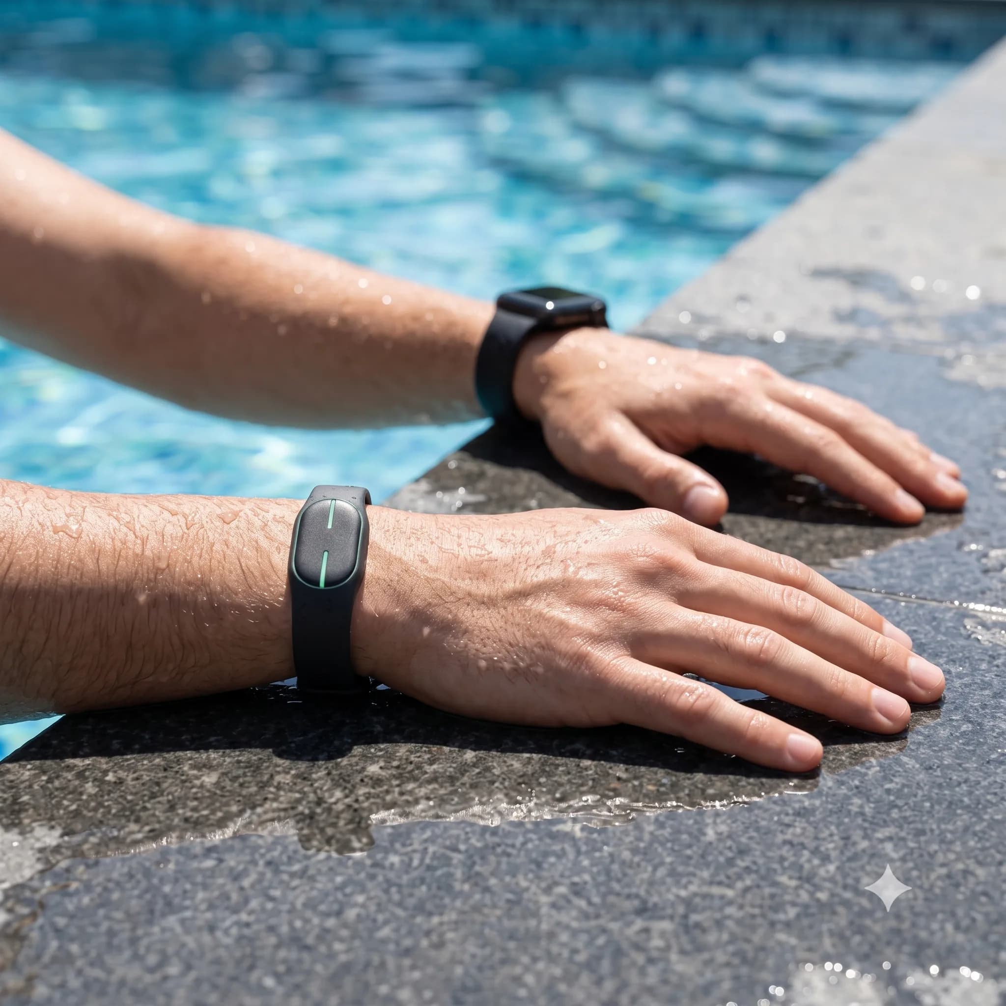 A swimmer wearing an Apple Watch and a GlideMetrics band, one on each wrist, at the pool's edge