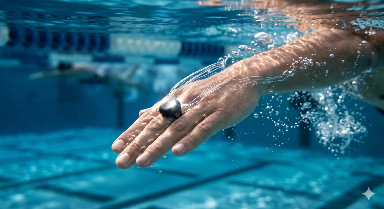 A swimmer's hand wearing the GlideMetrics ring mid-stroke underwater